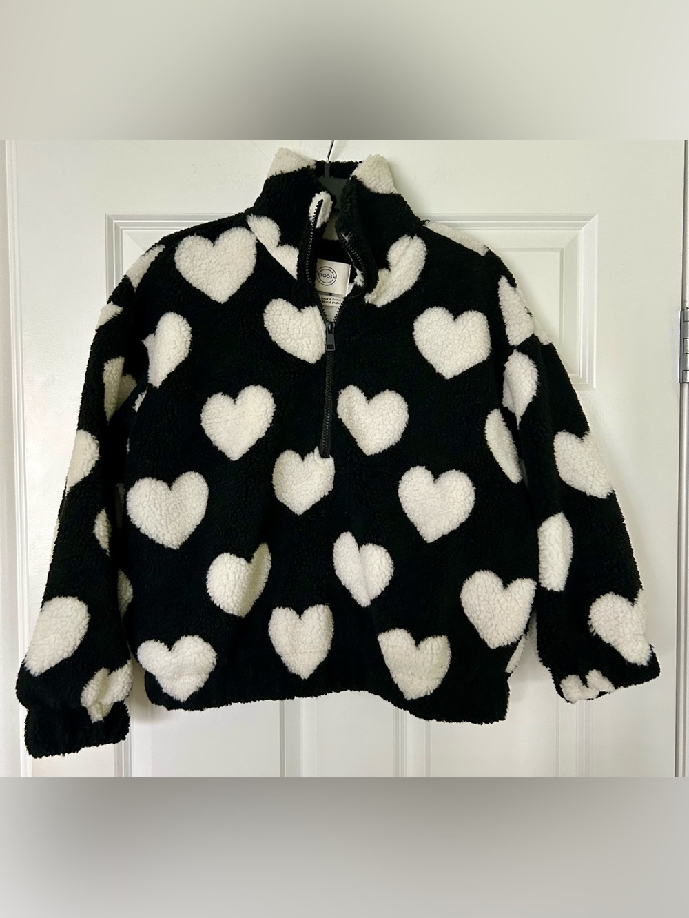 Stoosh Black Sherpa Pullover with White Heart Pattern
